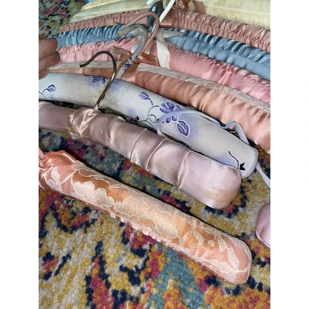 Vintage Padded Satin Traditional Clothes Hangers Lot, Multicolor Floral Coquette